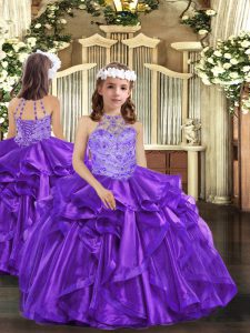 Purple Ball Gowns High-neck Sleeveless Organza Floor Length Lace Up Beading and Ruffles Girls Pageant Dresses