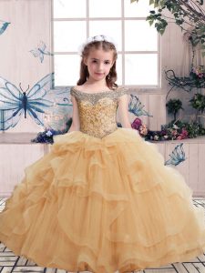 Champagne Ball Gowns Beading and Ruffles Pageant Dress Lace Up Tulle Sleeveless Floor Length