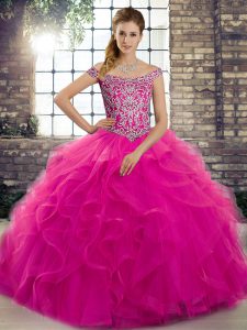 Unique Fuchsia Tulle Lace Up Quinceanera Dress Sleeveless Brush Train Beading and Ruffles