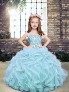 Light Blue Sleeveless Tulle Lace Up Child Pageant Dress for Party and Military Ball and Wedding Party