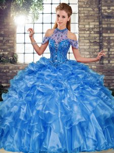 Beading and Ruffles 15th Birthday Dress Blue Lace Up Sleeveless Floor Length
