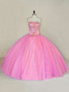 Popular Pink Sleeveless Tulle Lace Up Quince Ball Gowns for Sweet 16 and Quinceanera