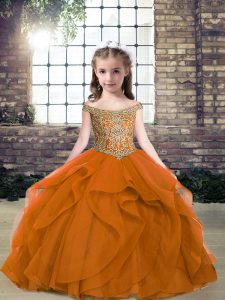 Orange Lace Up Little Girls Pageant Dress Wholesale Beading Sleeveless Floor Length