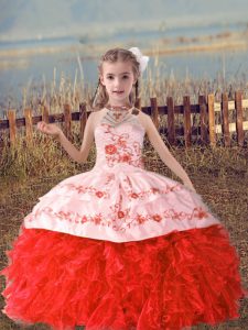 Best Coral Red Halter Top Neckline Beading and Embroidery and Ruffles Girls Pageant Dresses Sleeveless Lace Up