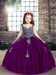 Straps Sleeveless Tulle Little Girl Pageant Gowns Appliques Lace Up
