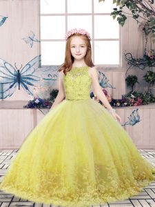 Sleeveless Floor Length Lace and Appliques Backless Girls Pageant Dresses with Yellow Green