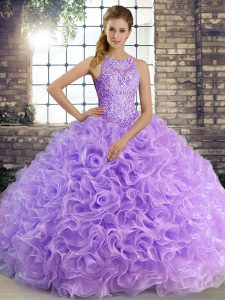 Fancy Scoop Sleeveless Lace Up Quinceanera Gown Lavender Fabric With Rolling Flowers