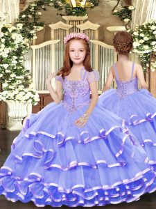 Lavender Sleeveless Beading and Ruffled Layers Floor Length Child Pageant Dress