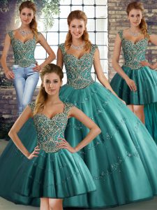 Tulle Straps Sleeveless Lace Up Beading and Appliques Sweet 16 Dress in Teal
