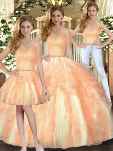 Spectacular Sleeveless Organza Floor Length Lace Up Vestidos de Quinceanera in Orange with Beading and Ruffles