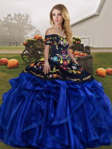 Trendy Ball Gowns Quinceanera Dress Blue And Black Off The Shoulder Organza Sleeveless Floor Length Lace Up