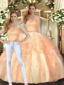 Stylish Sleeveless Organza Floor Length Lace Up Ball Gown Prom Dress in Orange with Beading and Ruffles
