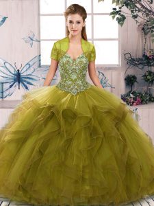 High End Olive Green Tulle Lace Up Quinceanera Gowns Sleeveless Floor Length Beading and Ruffles
