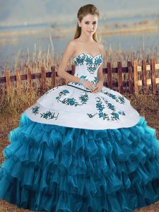 Cheap Sweetheart Sleeveless Organza Quince Ball Gowns Embroidery and Ruffled Layers and Bowknot Lace Up