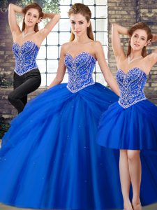 Fashion Royal Blue Three Pieces Tulle Sweetheart Sleeveless Beading and Pick Ups Lace Up Vestidos de Quinceanera Brush Train