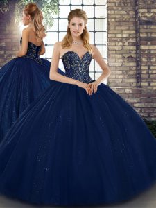 Navy Blue Lace Up Vestidos de Quinceanera Beading Sleeveless Floor Length