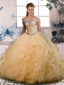 New Style Floor Length Lace Up Sweet 16 Quinceanera Dress Gold for Sweet 16 and Quinceanera with Beading and Ruffles
