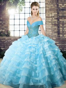Custom Made Aqua Blue Ball Gowns Off The Shoulder Sleeveless Organza Brush Train Lace Up Beading and Ruffled Layers Quinceanera Dress