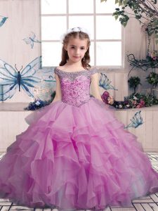 On Sale Lilac Off The Shoulder Lace Up Beading and Ruffles Little Girls Pageant Dress Sleeveless