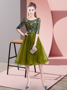 Scoop Half Sleeves Lace Up Vestidos de Damas Olive Green Tulle