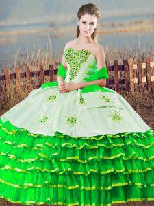 Green Organza Lace Up Quince Ball Gowns Sleeveless Floor Length Beading and Ruffled Layers