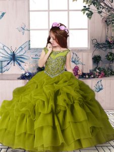 Floor Length Zipper High School Pageant Dress Olive Green for Party and Military Ball and Wedding Party with Beading and Pick Ups