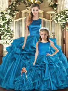 Teal Ball Gowns Ruffles Quince Ball Gowns Lace Up Organza Sleeveless Floor Length