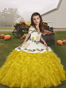 Straps Sleeveless Organza Girls Pageant Dresses Embroidery and Ruffles Lace Up