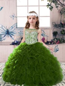 Floor Length Lace Up Pageant Dress for Teens Olive Green for Party and Wedding Party with Beading and Ruffles