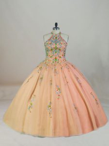 Luxurious Peach Sleeveless Brush Train Appliques and Embroidery Quinceanera Dress