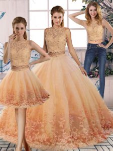 Vintage Scalloped Sleeveless Tulle 15th Birthday Dress Lace Sweep Train Backless