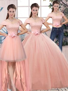 Fancy Floor Length Pink Quince Ball Gowns Off The Shoulder Short Sleeves Lace Up