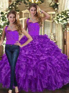 Modern Purple Lace Up Quinceanera Gown Ruffles Sleeveless Floor Length