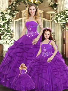 High Quality Purple Strapless Neckline Beading and Ruffles Quince Ball Gowns Sleeveless Lace Up