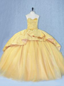 Beading and Appliques Quinceanera Dresses Gold Lace Up Court Train