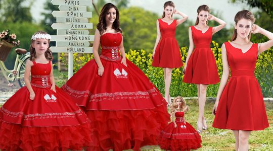 Luxury Satin and Organza Strapless Sleeveless Lace Up Embroidery and Ruffles 15th Birthday Dress in Red