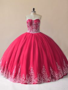 Red Sleeveless Embroidery Floor Length Quinceanera Dress