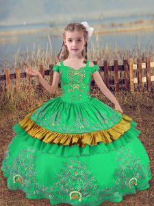 Pretty Turquoise Ball Gowns Off The Shoulder Sleeveless Satin Floor Length Lace Up Beading and Embroidery Little Girls Pageant Dress Wholesale
