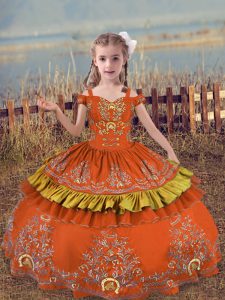 Rust Red Ball Gowns Satin Off The Shoulder Sleeveless Beading and Embroidery Floor Length Lace Up Little Girl Pageant Dress