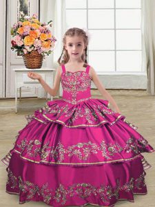 Best Fuchsia Straps Neckline Embroidery and Ruffled Layers Little Girls Pageant Dress Wholesale Sleeveless Lace Up