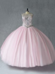 Sumptuous Baby Pink Tulle Lace Up Scoop Sleeveless Floor Length Vestidos de Quinceanera Beading