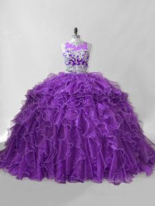 Fantastic Purple Two Pieces Scoop Sleeveless Organza Brush Train Zipper Beading and Ruffles Sweet 16 Dresses