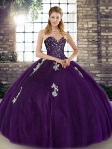 High Quality Purple Ball Gowns Sweetheart Sleeveless Tulle Floor Length Lace Up Beading and Appliques Vestidos de Quinceanera