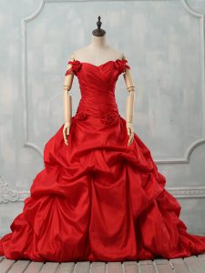 Lovely Red Ball Gowns Taffeta Off The Shoulder Sleeveless Pick Ups and Hand Made Flower Lace Up Quinceanera Dress Court Train