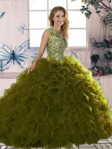 Modern Olive Green Ball Gowns Scoop Sleeveless Organza Floor Length Lace Up Beading and Ruffles Quinceanera Gowns