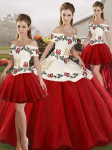 Ball Gowns Vestidos de Quinceanera White And Red Off The Shoulder Organza Sleeveless Floor Length Lace Up