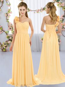 Gold Empire Chiffon One Shoulder Sleeveless Hand Made Flower Lace Up Quinceanera Court Dresses Brush Train