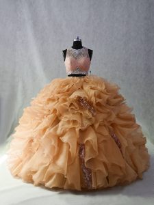 Champagne Sleeveless Brush Train Beading and Ruffles and Sequins Sweet 16 Dresses