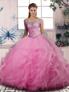 Comfortable Floor Length Ball Gowns Sleeveless Rose Pink Vestidos de Quinceanera Lace Up