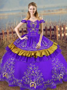 Custom Design Purple Satin and Organza Lace Up Quinceanera Dresses Sleeveless Floor Length Embroidery